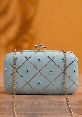 Blue Satin Embroidered Box Clutch