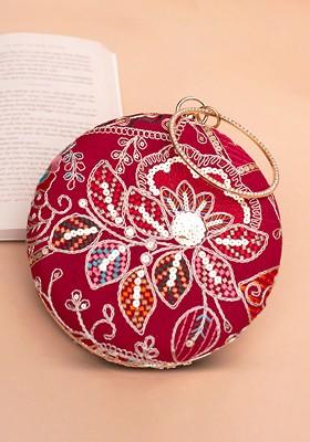 Red Satin Embroidered Box Clutch