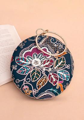 Blue Satin Embroidered Box Clutch