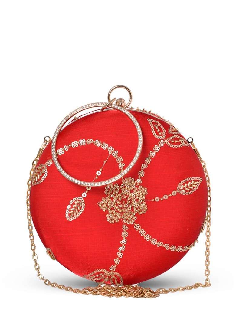 Red Satin Women Embroidered Box Clutch - Indya