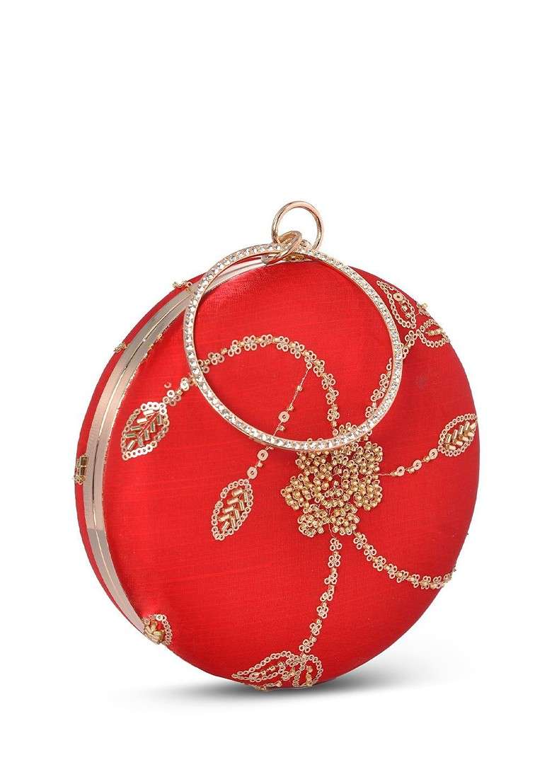 Red Satin Women Embroidered Box Clutch - Indya