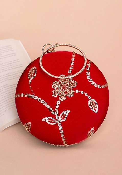 Red Satin Women Embroidered Box Clutch
