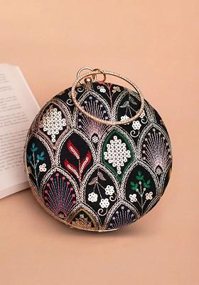 Black Satin Embroidered Shoulder Strap Box Clutch