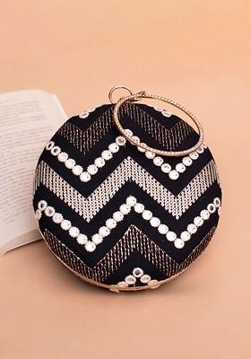 Black Satin Embroidered Sequinned Round Shaped Box Clutch
