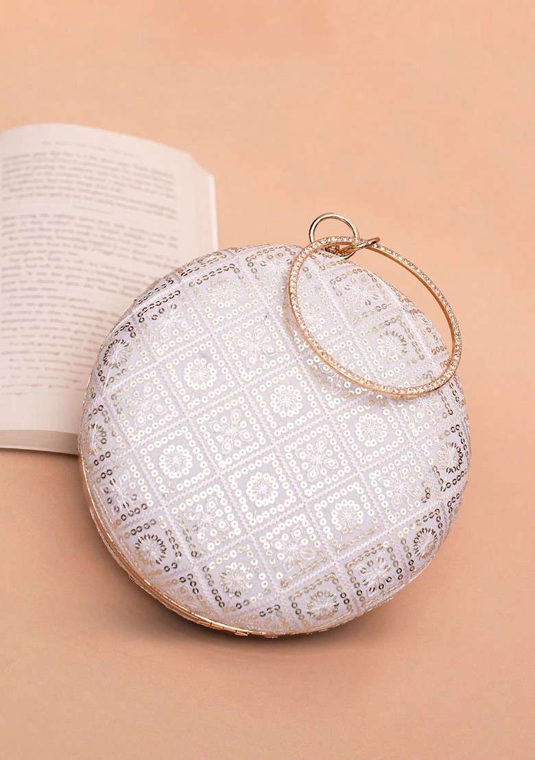 White Satin Floral Embroidered Sequinned Round Shaped Box Clutch - Indya