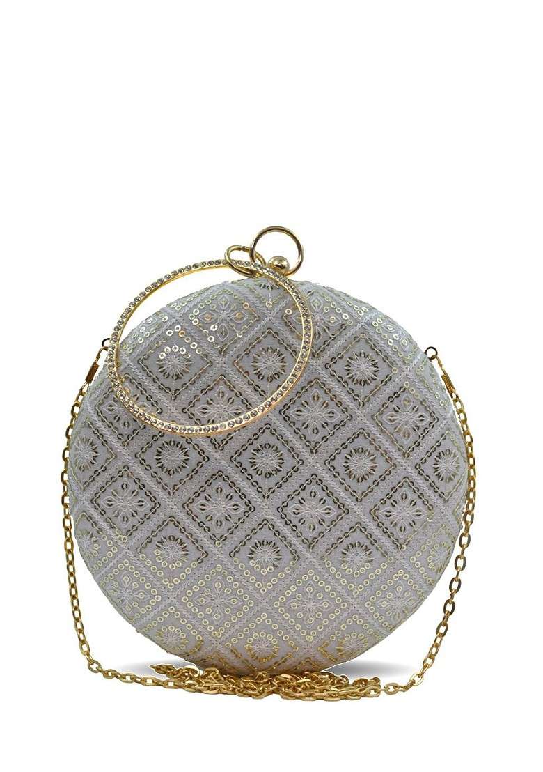 White Satin Floral Embroidered Sequinned Round Shaped Box Clutch - Indya