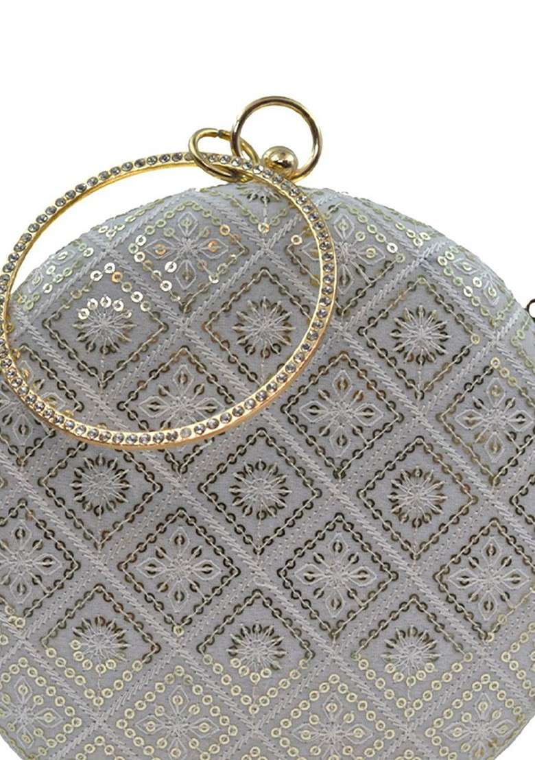 White Satin Floral Embroidered Sequinned Round Shaped Box Clutch - Indya