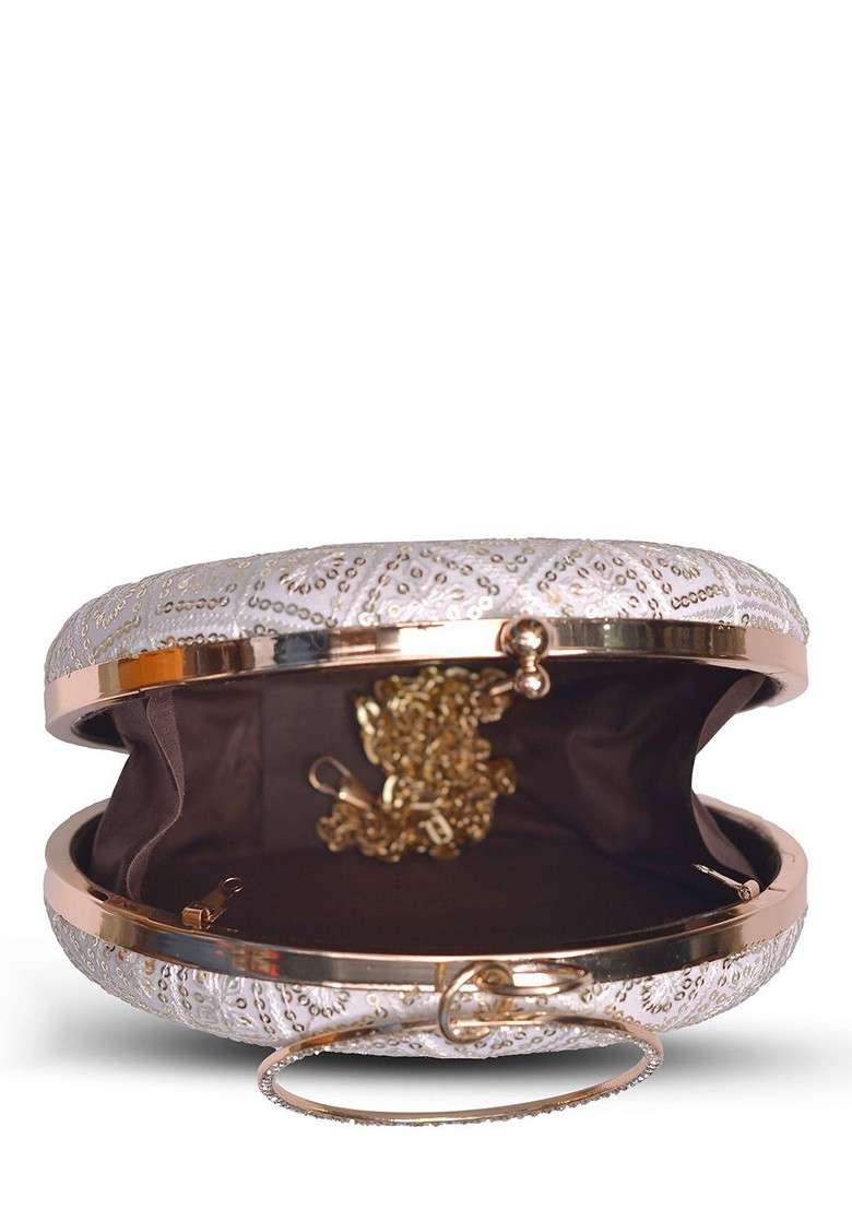 White Satin Floral Embroidered Sequinned Round Shaped Box Clutch - Indya