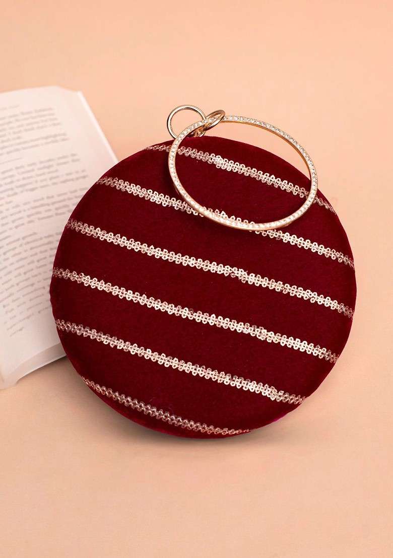 Maroon Satin Embroidered Sequinned Round Shaped Box Clutch - Indya