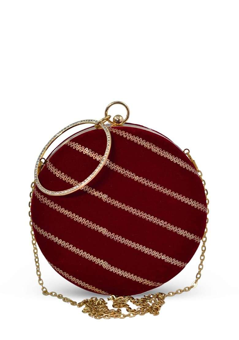 Maroon Satin Embroidered Sequinned Round Shaped Box Clutch - Indya