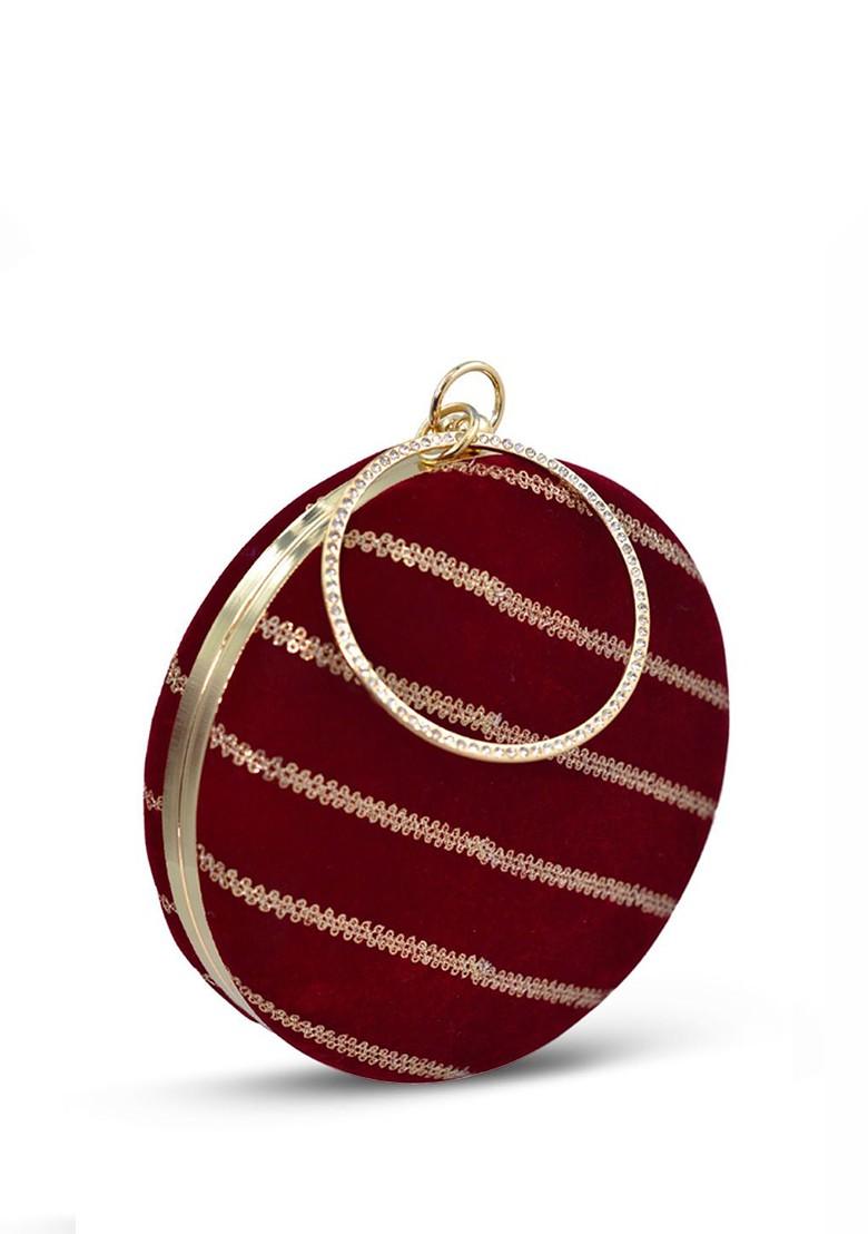 Maroon Satin Embroidered Sequinned Round Shaped Box Clutch - Indya