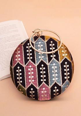 Black Satin Embroidered Shoulder Strap Box Clutch