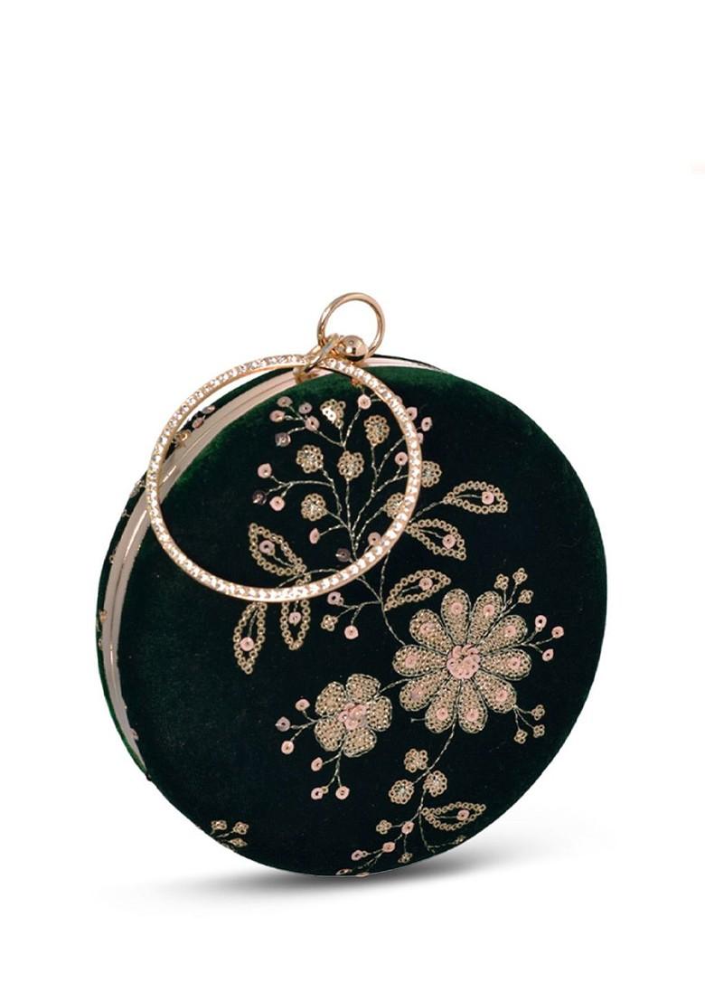 Green Satin Floral Embroidered Sequinned Round Shaped Box Clutch - Indya