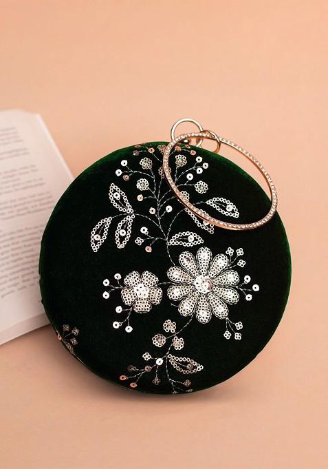 Green Satin Floral Embroidered Sequinned Round Shaped Box Clutch