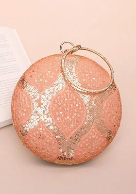 Peach Satin Floral Embroidered Sequinned Round Shaped Box Clutch
