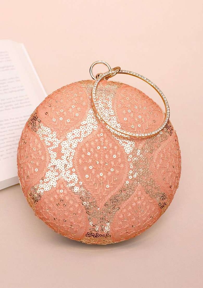 Peach Satin Floral Embroidered Sequinned Round Shaped Box Clutch - Indya