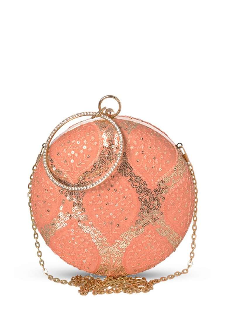 Peach Satin Floral Embroidered Sequinned Round Shaped Box Clutch - Indya