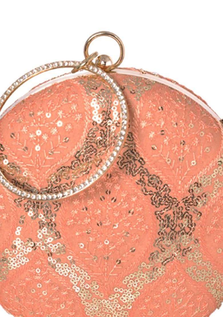 Peach Satin Floral Embroidered Sequinned Round Shaped Box Clutch - Indya