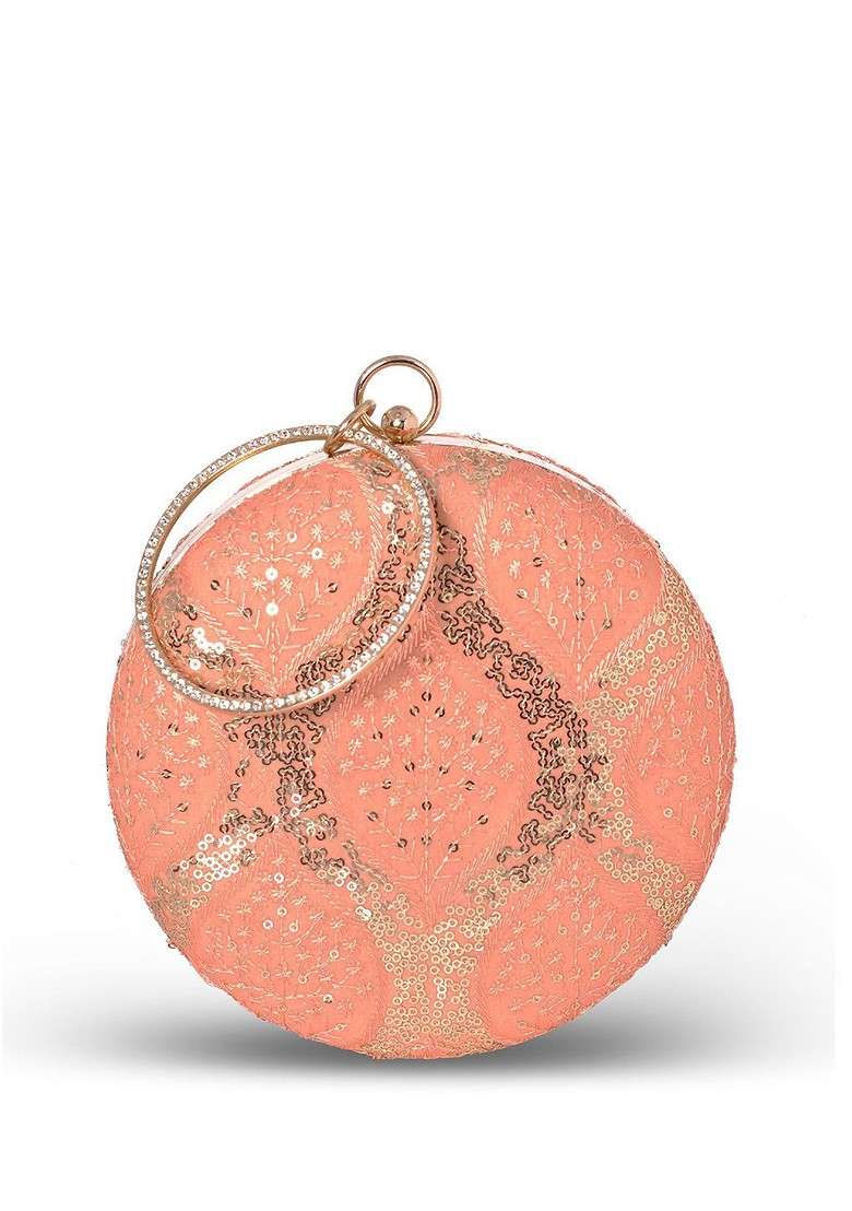 Peach Satin Floral Embroidered Sequinned Round Shaped Box Clutch - Indya