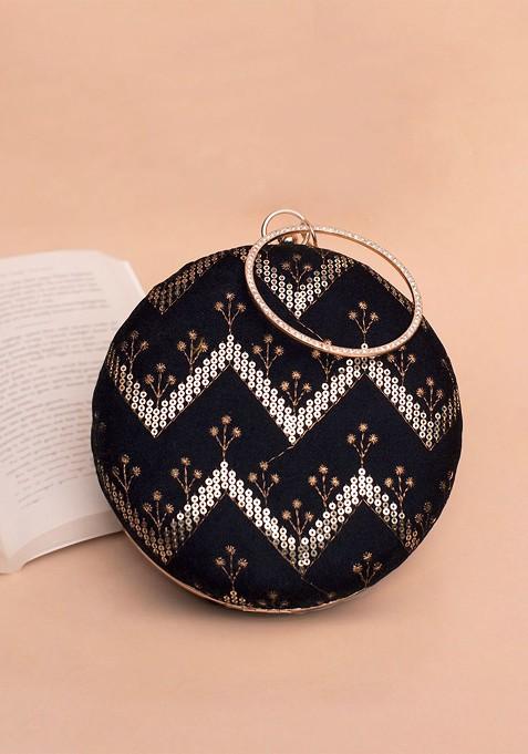Black Satin Embroidered Sequinned Round Shaped Box Clutch