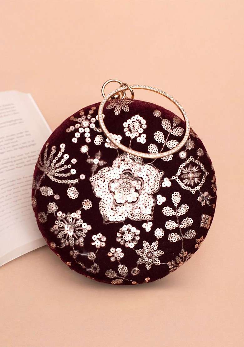 Maroon Satin Floral Embroidered Sequinned Round Shaped Box Clutch - Indya