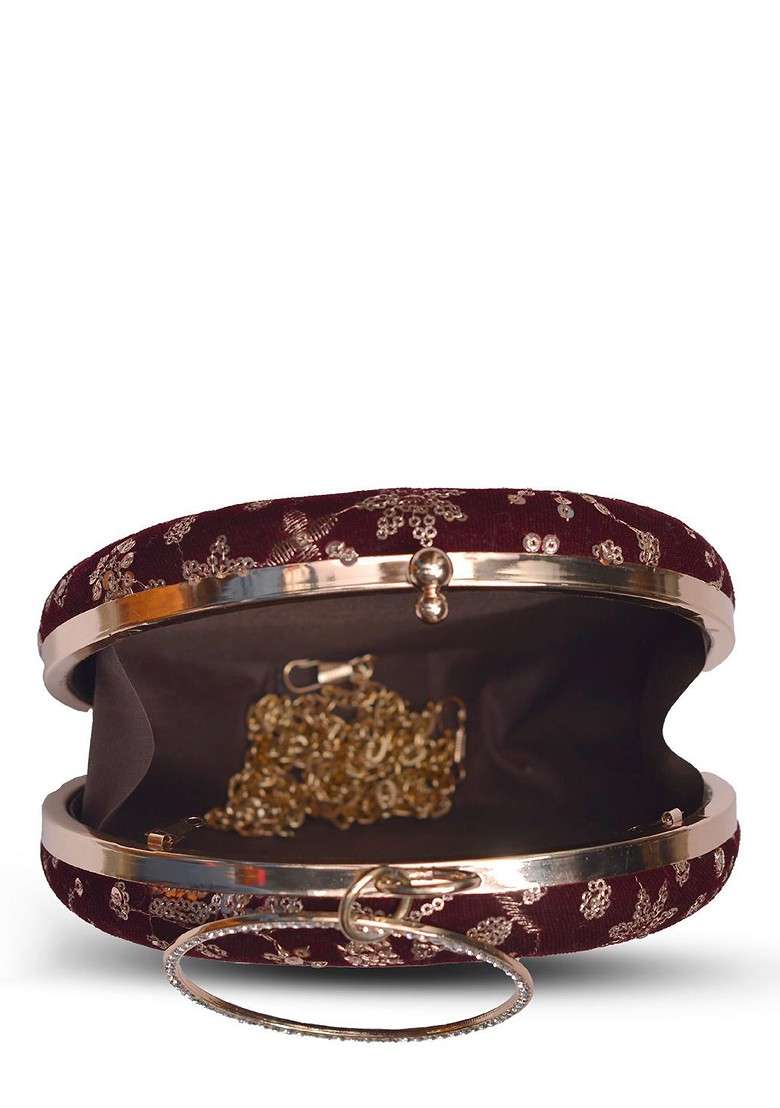 Maroon Satin Floral Embroidered Sequinned Round Shaped Box Clutch - Indya