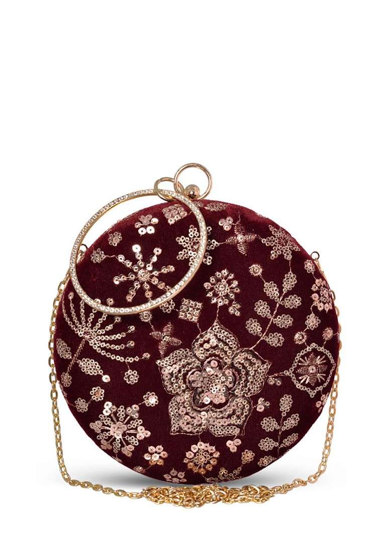 Maroon Satin Floral Embroidered Sequinned Round Shaped Box Clutch - Indya