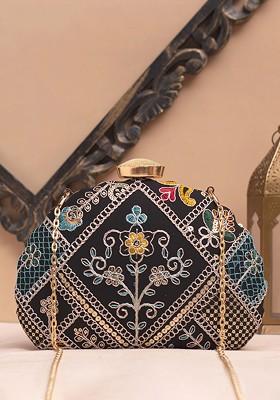 Black Satin Embroidered Shoulder Strap Box Clutch