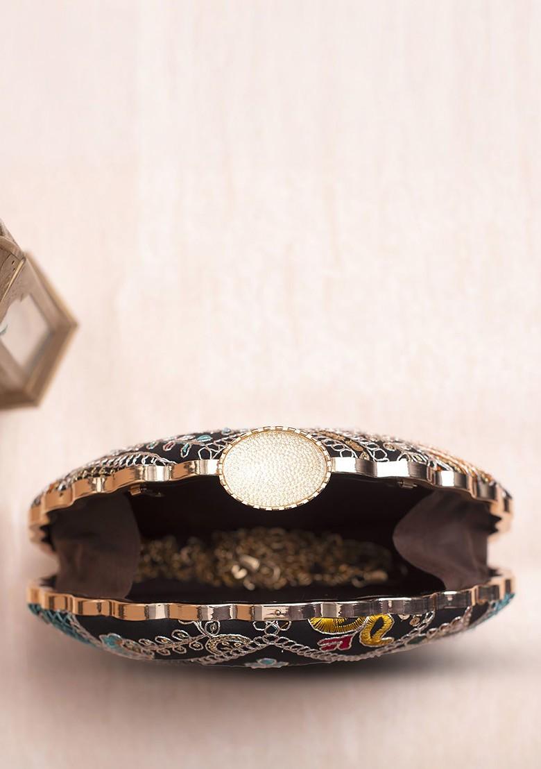 Black Satin Embroidered Shoulder Strap Box Clutch - Indya