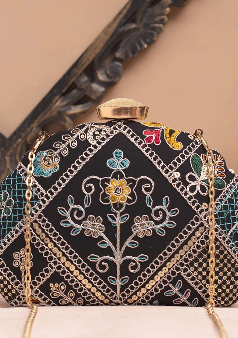 Black Satin Embroidered Shoulder Strap Box Clutch - Indya