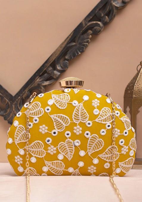 Yellow Satin Floral Embroidered Sequinned Box Clutch