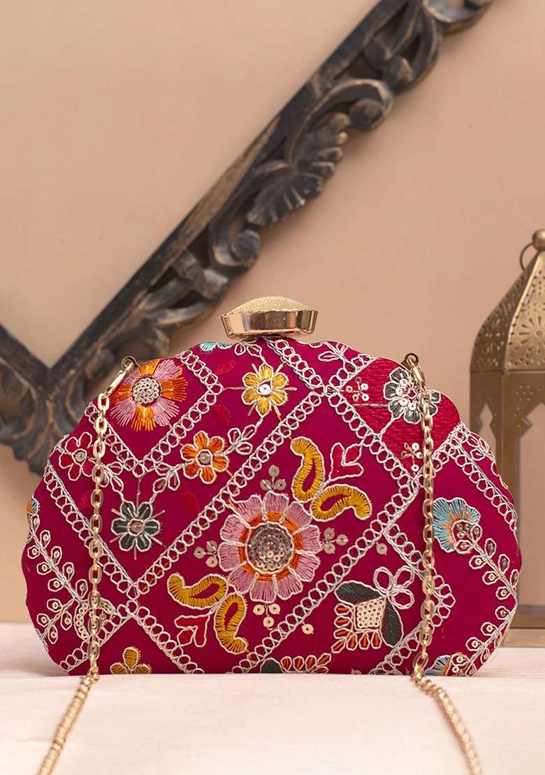 Red Satin Floral Embroidered Sequinned Box Clutch - Indya