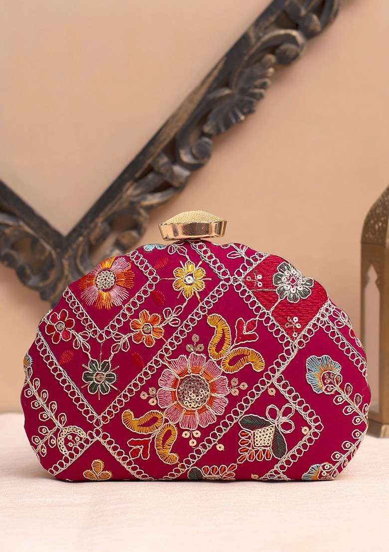 Red Satin Floral Embroidered Sequinned Box Clutch - Indya