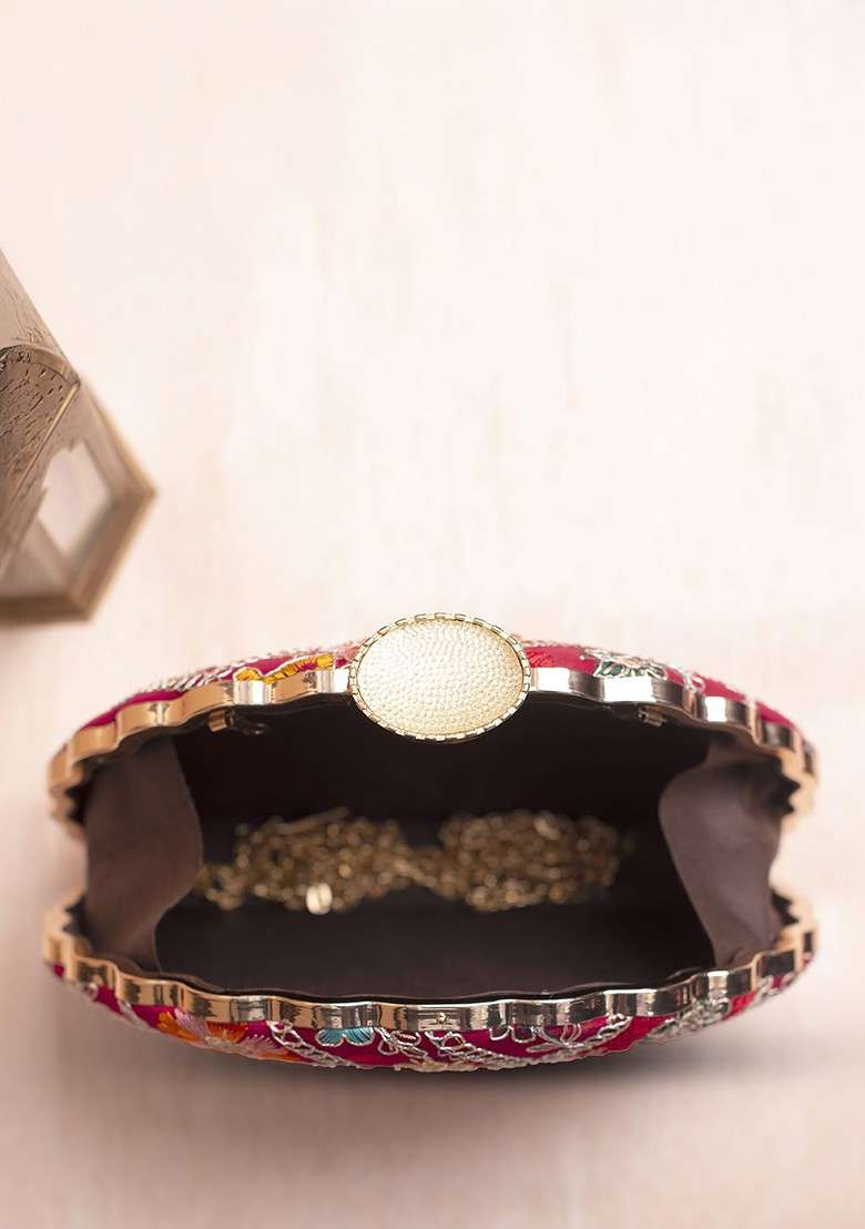 Red Satin Floral Embroidered Sequinned Box Clutch - Indya