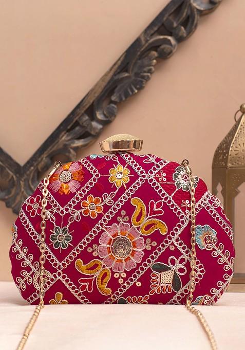 Red Satin Floral Embroidered Sequinned Box Clutch