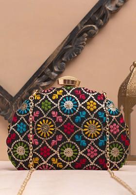 Black Satin Embroidered Shoulder Strap Box Clutch
