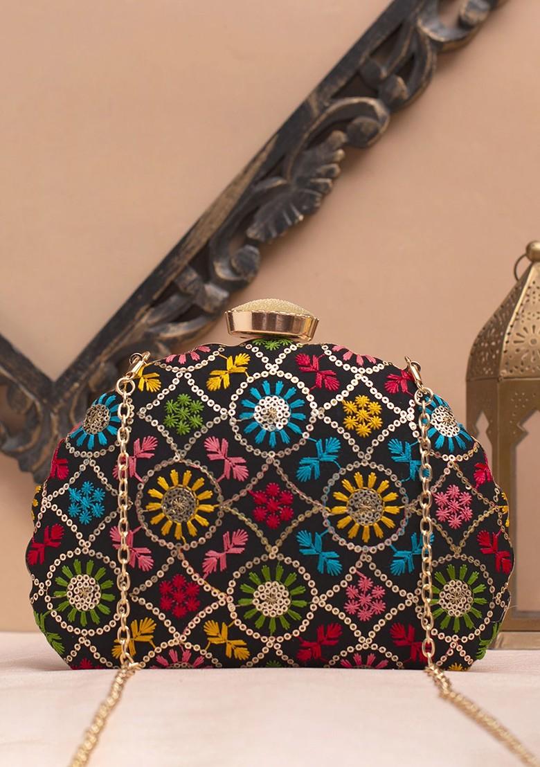 Black Satin Embroidered Shoulder Strap Box Clutch - Indya
