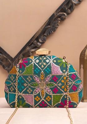 Blue Satin Floral Embroidered Sequinned Box Clutch