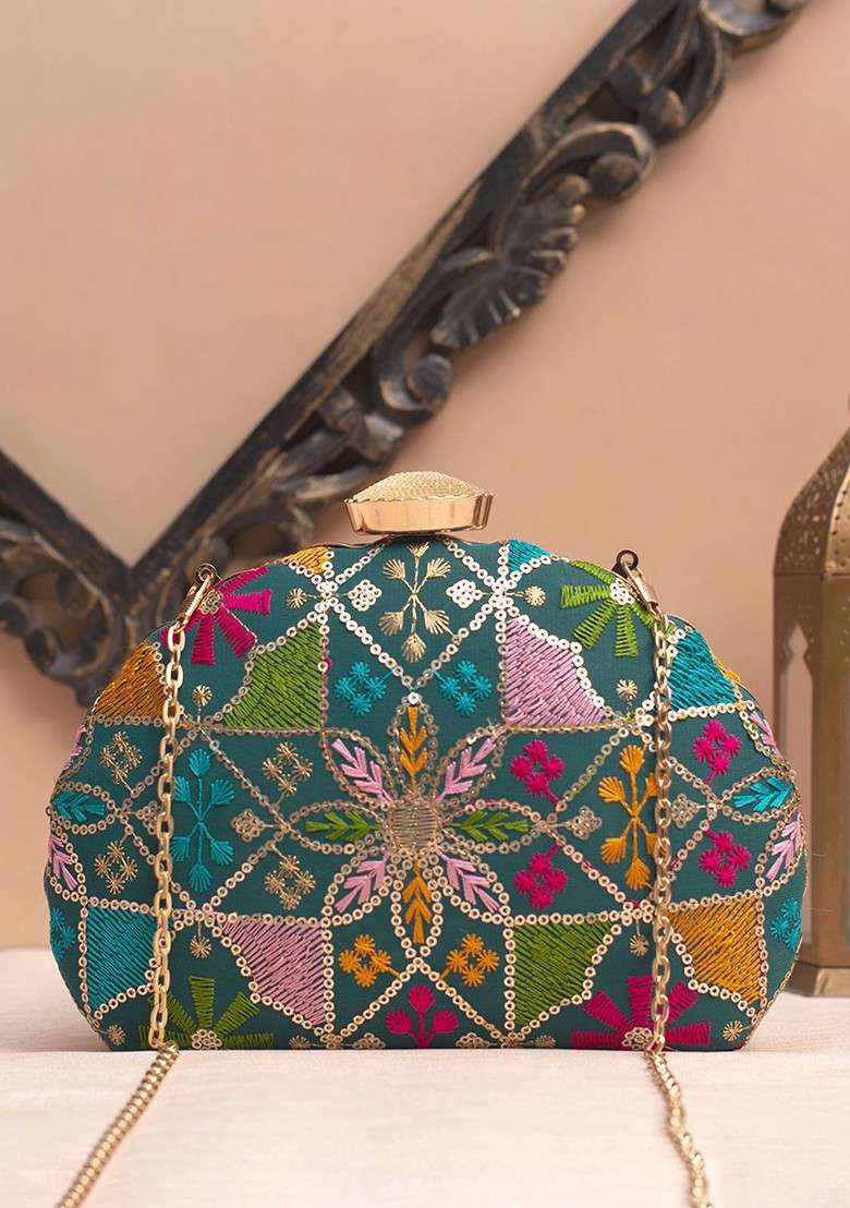Blue Satin Floral Embroidered Sequinned Box Clutch - Indya