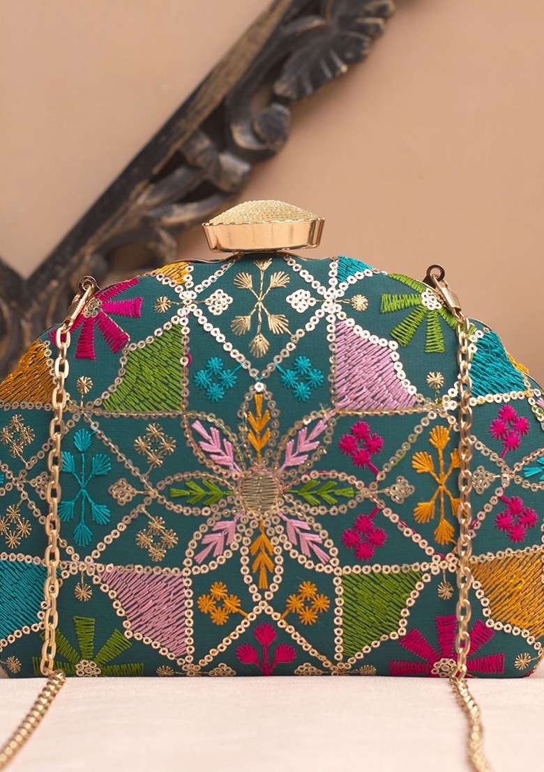 Blue Satin Floral Embroidered Sequinned Box Clutch - Indya