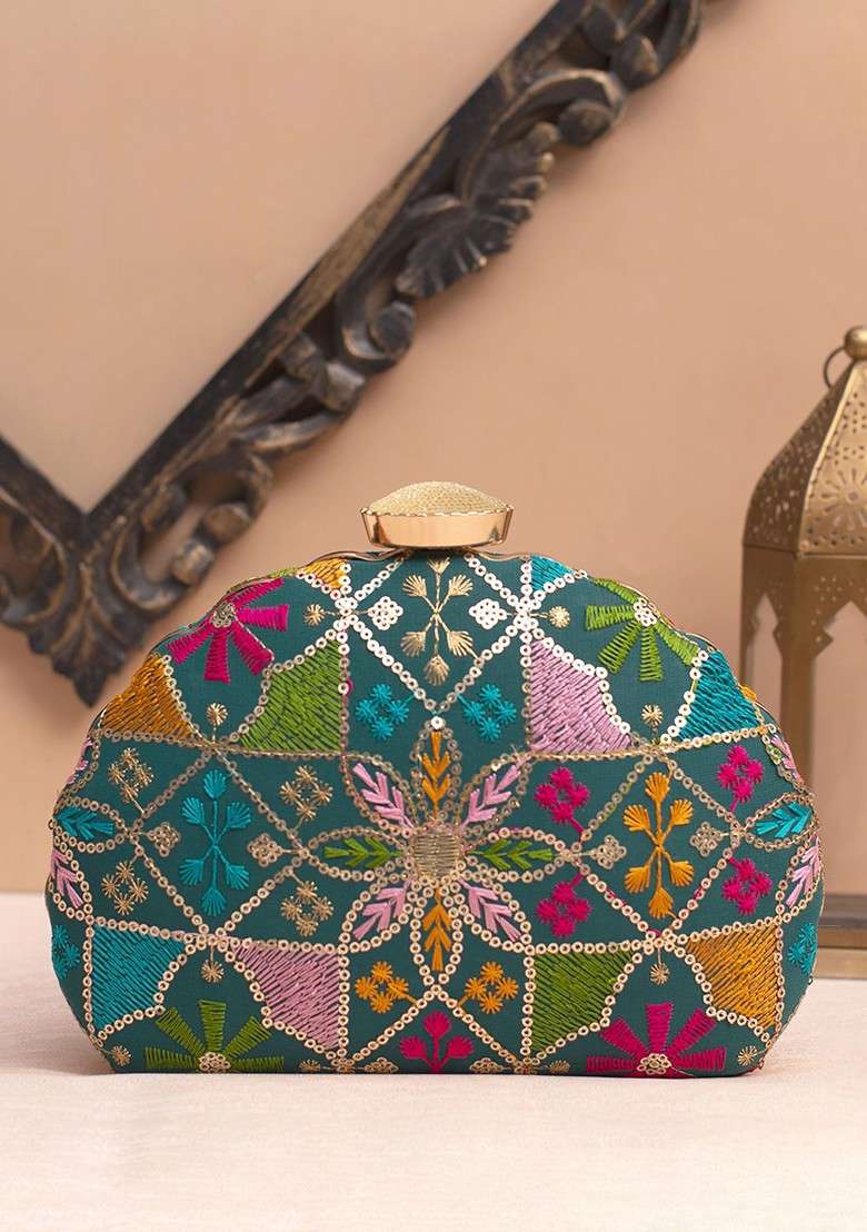 Blue Satin Floral Embroidered Sequinned Box Clutch - Indya