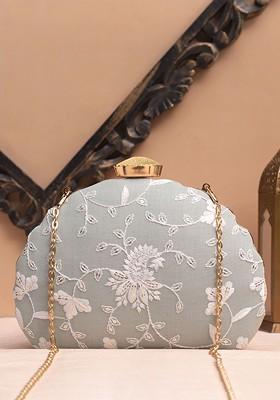 Grey Satin Floral Embroidered Sequinned Box Clutch
