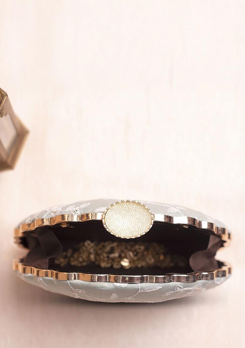 Grey Satin Floral Embroidered Sequinned Box Clutch - Indya