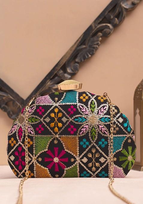 Black Satin Floral Embroidered Sequinned Box Clutch