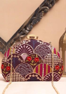 Purple Satin Floral Embroidered Sequinned Box Clutch