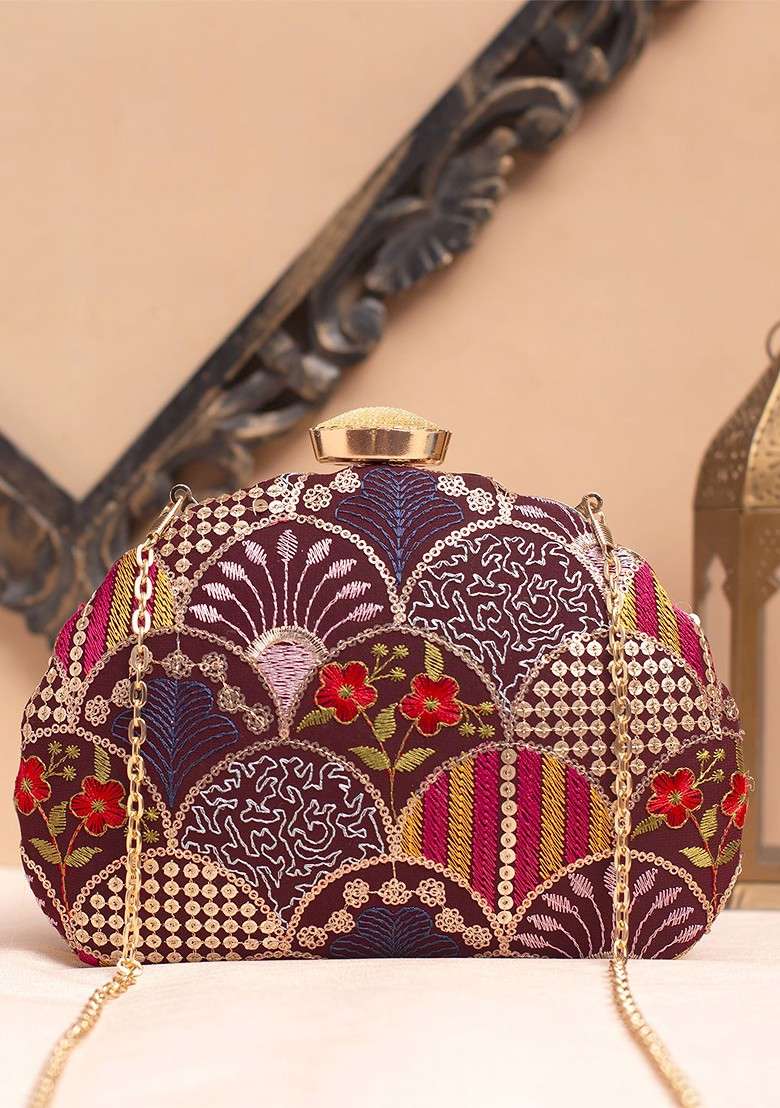 Purple Satin Floral Embroidered Sequinned Box Clutch - Indya