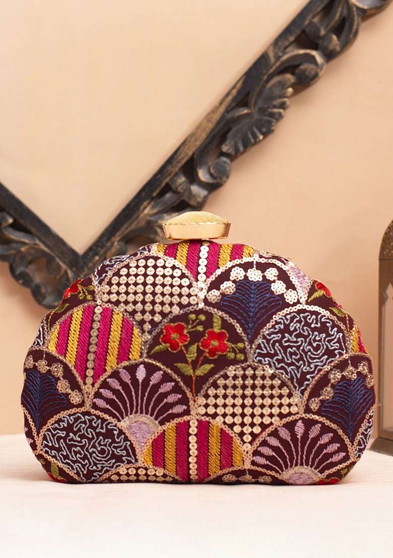 Purple Satin Floral Embroidered Sequinned Box Clutch - Indya