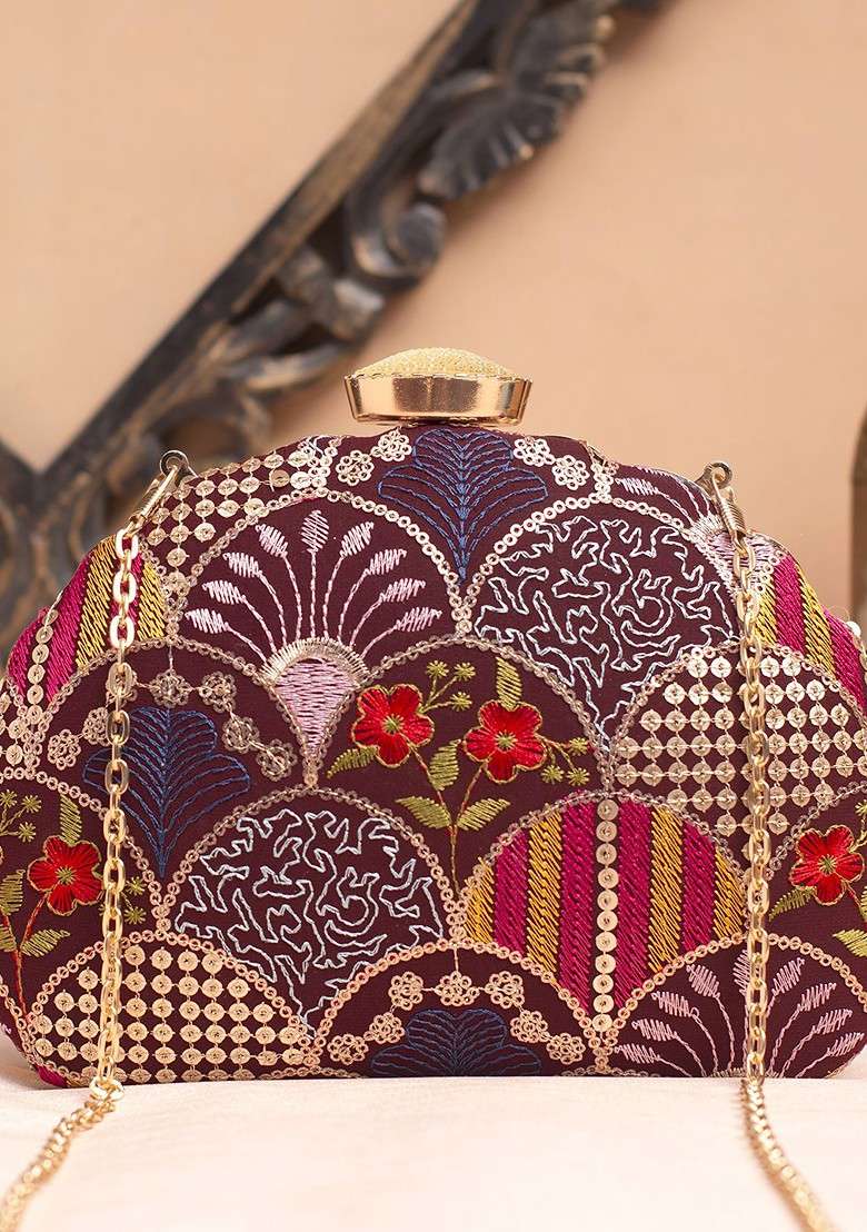 Purple Satin Floral Embroidered Sequinned Box Clutch - Indya