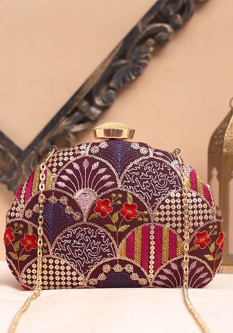 Purple Satin Floral Embroidered Sequinned Box Clutch