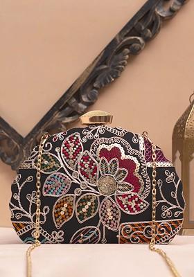 Black Satin Floral Embroidered Sequinned Box Clutch